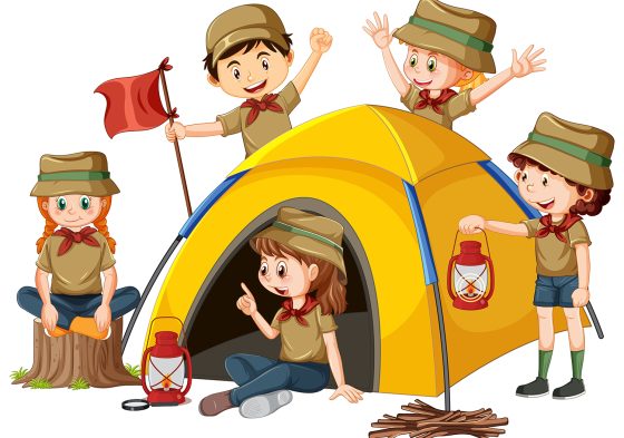 Happy kids at camping tent illustration